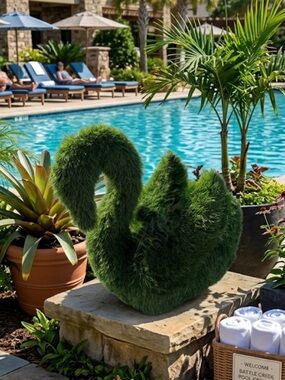 Green Faux Grass Swan Sculpture – Decorative Home Art Accent